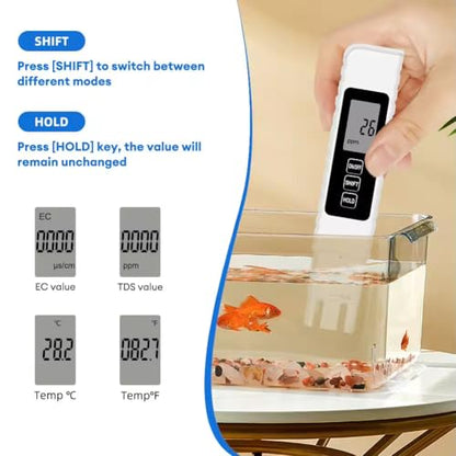 2025 New Digital Water Quality Tester, 4-in-1 TDS EC Temperature (°C/°F) Meter, 0-9990ppm Range, for Drinking Water, Aquariums, RO/DI Systems Battery Included