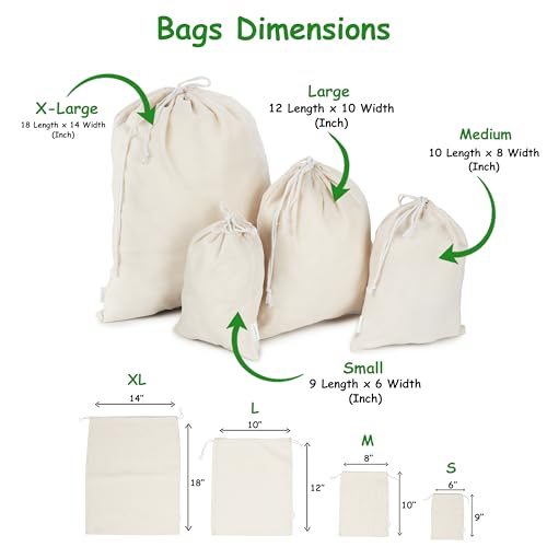 Cotton Storage Bags – X-Large 14x18 Inch (6-Pack) – Reusable Muslin Bags with Drawstrings – Biodegradable Canvas Fabric Sacks – Perfect for Bread, Bulk Produce, Potatoes, Onions, Shoes - size: 14 x 18 inches (Pack of 6)