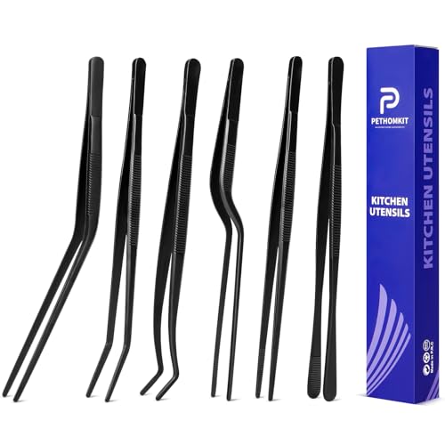 Kitchen Tweezer Tongs Set for Chef Food Plating, 6 Pcs, 8", Black | Stainless Steel, Small Chef Food Culinary Bar Thin Skinny Tweezers Tongs, Cooking Tweezers Set, For Baking Decorating Feeding - size: 8 inches