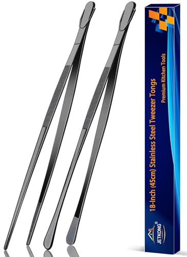 JETKONG 2 Pcs 18 Inch (45cm) Stainless Steel Grill Tongs Heavy Duty Giant Tweezer Tongs, Extra Large Tweezers Tools for Cooking, Grilling, BBQ and Turning Food (Black) - color: Black, size: 18+18 Inch