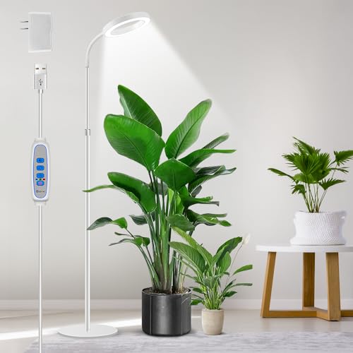 Aumtrly Floor Grow Light Full Spectrum with 68" Stand for Tall Indoor Plant | 80 LED Growing Lamp for Large Plants with 6/12/16H Timer, 5 Dimming, White Halo Design, Adjustable Height, Flexible Gooseneck - size: 1 head 68inch/white