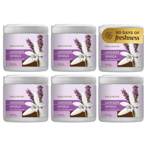 SMELLS BEGONE 15oz Gel Odor Eliminator - Absorb & Remove Tough Odors in Pet Areas, Bathrooms, Basements, Garage, Cars, RVs & Boats - Eliminate Odors Quickly (6-Pack, Lavender Vanilla) - size: 15 Ounce (Pack of 6)