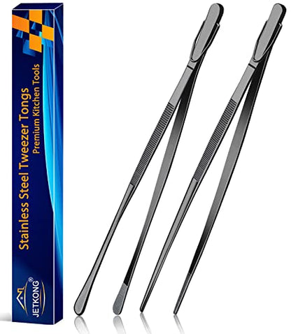 JETKONG 2 Pcs 12-Inch Food Tweezer Tongs, Stainless Steel Kitchen Tweezer Cooking Tweezers (Black) - color: Black, size: 12+12 Inch