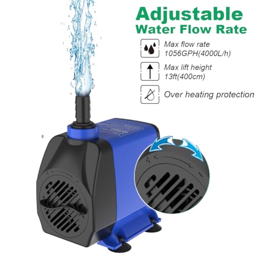Submersible Water Pump 1056GPH Pond Pump for Fountains | 13ft Lift, 9.8ft Power Cord, Ultra Quiet, Over Heating Protection for Pond, Fountain, Hydroponic, waterfall, Aquarium - size: 1056GPH Adjustable flow