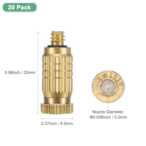 M METERXITY 20-Pack Brass Misting Nozzles, 0.008"/0.2mm Orifice Mister Nozzles Brass, High Pressure Spray Misting Nozzle Head for Outdoor Cooling System/Greenhouse/Landscaping [10/24 UNC] - size: 0.2mm