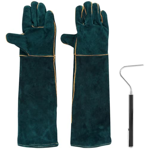 23.6inch Leather Animal Handling Gloves Bite Proof with 40inch Collapsible Snake Hook