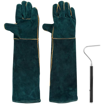 23.6inch Leather Animal Handling Gloves Bite Proof with 40inch Collapsible Snake Hook