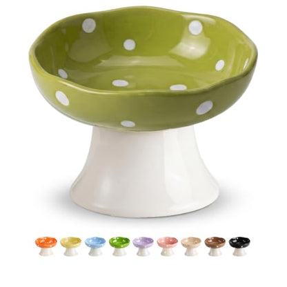 Mushroom Cat Bowl, Elevated Ceramic Cat Bowl, Avocado Green | Cute Mushroom Design • Avocado Green • Elevated Feeding • Whisker Friendly • Smooth Ceramic - color: Avocado Green