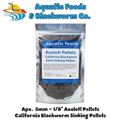 Axolotl Blackworm Pellets. 3mm-1/8 Sinking California Blackworm Medium Pellets for Medium/Large Axolotl, Shrimp, Salamanders, Frogs, Snails, Newts…1/4-lb Pouch Bag