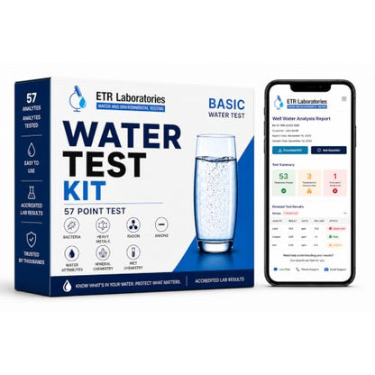 ETR Labs Basic Water Quality Test Kit - Tests 57 Substances in Well & Tap Drinking Water (Metals, Nitrates, Lead, Hard Water, pH Levels) - Home Sample Kit with Prepaid Mailer & Expert Lab Support
