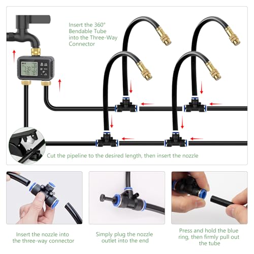 120FT Drip Irrigation System with Smart Water Timer | Dual Metal Tube Design with Brass Connectors, Adjustable Nozzles and Bendable Tubing for Garden, Greenhouse and Lawn - size: 120Ft Double-Tube Brass with Timer