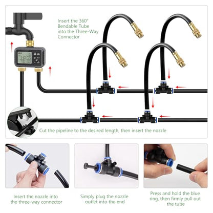 120FT Drip Irrigation System with Smart Water Timer | Dual Metal Tube Design with Brass Connectors, Adjustable Nozzles and Bendable Tubing for Garden, Greenhouse and Lawn - size: 120Ft Double-Tube Brass with Timer