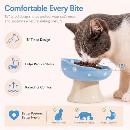 Blue Mushroom Cat Bowl, Elevated Ceramic Bowl for Cats | Cute Mushroom Design, Elevated, Ceramic, Whisker Friendly, Anti Vomiting - color: Blue