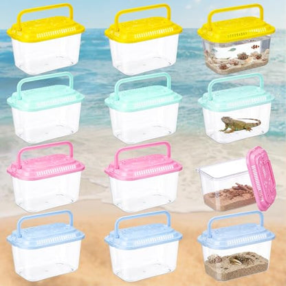 Leinuosen 12 Pcs Plastic Reptile Terrariums Carrier Cage Small Fish Transport Container with Handle Tarantula Enclosure Snake Breeding Box Hatching Container Clear Tank Aquarium for Crab Turtle