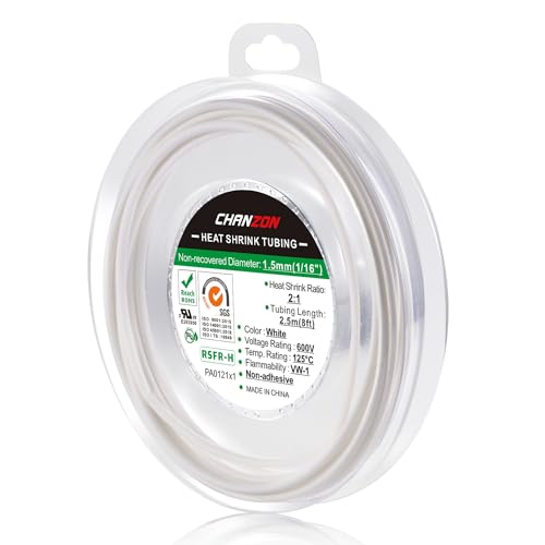 Chanzon 2:1 Ratio 1/16" (1.5mm) Heat Shrink Tubing 8Ft Roll White | Polyolefin Sleeving 2.5M Roll, for Automotive Wire Repair, Marine, RC Hobby & Electronic Insulation, 1pcs - color: White, size: 1.5mm (1/16") - 8FT