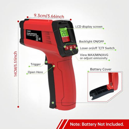 Infrared Thermometer Gun, Digital Laser Temperature Gun -58°F to 1022°F, Adjustable Emissivity, LCD Backlight, MAX/MIN Display, Non-Contact Thermometer for Pizza Oven, BBQ, HVAC, Griddle - color: Red（-58℉-1022℉）