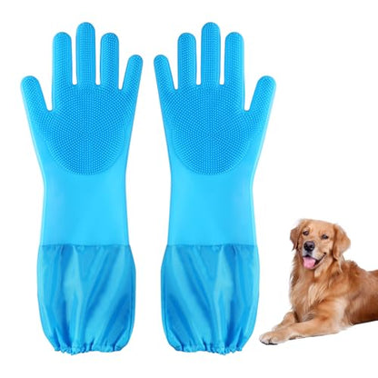 Dog washing gloves | Pet grooming gloves | Extra Long Arms 17.3in (blue) | This pet hair removal glove is made of thickened waterproof silicone and features scratch and bite resistance. - color: blue