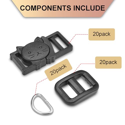 CooBigo 3/8" Breakaway Cat Collars Clasp Kit, 20 Set Break Away Lanyard Clasp Cat Safety Collar Paracord Buckles Accessories(Black)