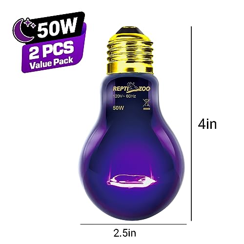 REPTI ZOO 2PCS Reptile Night Heat Lamp, 50W Moonlight Heat Bulb Infrared Heating Light Purple Reptile Heat Lamp Night Bulb for Bearded Dragon, Lizard, Snake, Turtle - style: 50W Night Heat Lamp