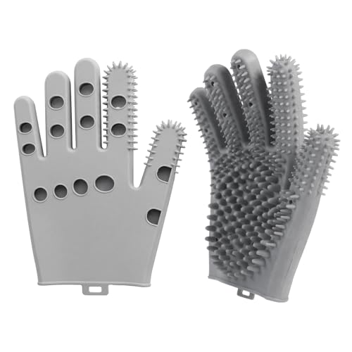 Pet Grooming Gloves for Cats & Dogs, Silicone Pet Hair Removal Glove for Bathing, Shedding & Massage, Gentle Cat & Dog Grooming Glove for Long & Short Hair Pets（Grey-Large） - size: Large（1pair）