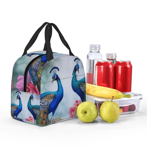 Insulated Lunch Bag Beautiful Peacocks and Lotuses Lunch Box for Women Men Reusable Leakproof Lunch Cooler Bag for Office Picnic - color: Beautiful Peacocks And Lotuses
