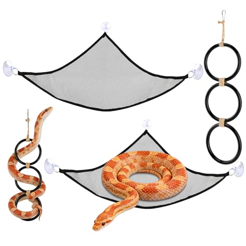 Snake Climbing Rings with 2 Hammock for Ball Python & Corn Snake, Reptile Enrichment Toys for Snake, Ball Python Tank Decor Reptiles Climbing Toy Hammocks (Black)
