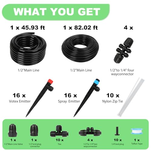 250FT Drip Irrigation Kit – 2026 New Quick-Connect Micro Irrigation System with 1/4'' 1/2'' Tubing (128FT (46FT 1/2 Inch+82FT 1/4 Inch) - size: 128FT (46FT 1/2 Inch+82FT 1/4 Inch）