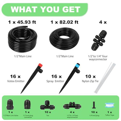 250FT Drip Irrigation Kit – 2026 New Quick-Connect Micro Irrigation System with 1/4'' 1/2'' Tubing (128FT (46FT 1/2 Inch+82FT 1/4 Inch) - size: 128FT (46FT 1/2 Inch+82FT 1/4 Inch）
