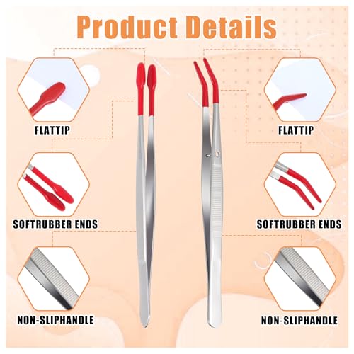 4 Pieces Tweezers with Rubber Tips PVC Rubber Coated Tweezers Rubber Long Bent Tip Tweezer and Straight Flat Tip Tweezer for Lab Stamp Hobby Jewelry Crafts Feeding (Silver, Red)