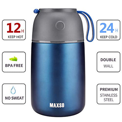 MAXSO 2 Pack Soup Thermo for Hot & Cold Food for Kids Adults, Vacuum Insulated Food Jar Thermal Lunch Containers, Travel Food Flask with Spoon (24 oz,17 oz) (Dark Blue) - color: Dark Blue