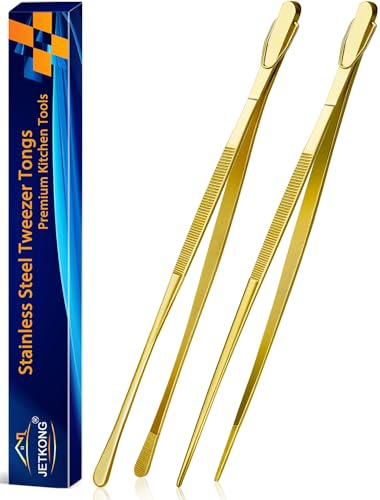 JETKONG 2 Pcs 14-Inch Cooking Tweezers Extra Long Stainless Steel Food Tweezers Kitchen Tweezer Tongs (Gold) - color: Gold, size: 14+14 Inch