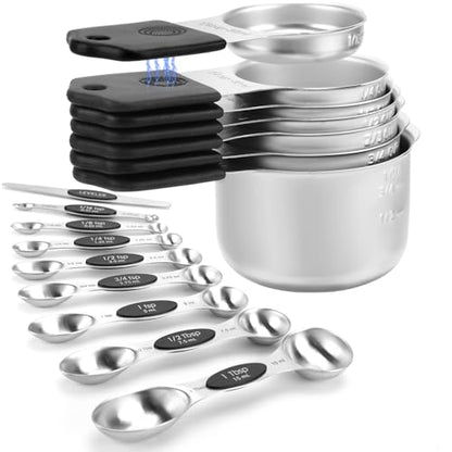 HOUJIP Magnetic Measuring Cups and Spoons Set-304 Stainless Steel,Black | Double Measurement Markings,BPA-Free,Set of 16 with Leveler for Measuring Dry and Liquid Ingredients - color: Black