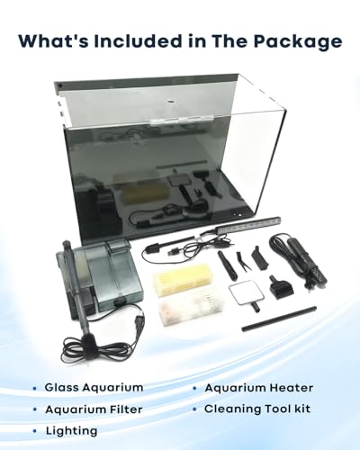 10 Gallon Aquarium Set Glass Fish Tank, Heater Self Cleaning System Filter with Media Bright Light Cleaning Tool, Leak-Proof Clear Rimless Betta Tropical Freshwater Fish - size: 10 Gallon