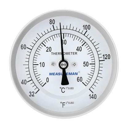Measureman Fully Stainless Steel Bi-Metal Dial Thermometer, 3" Dial, 6" Stem, 32-140 deg F/0-60 deg C, +/-1% Accuracy, Adjustable, 1/2" NPT Back Mount - size: 32-140 deg F/0-60 deg C, style: 6" Stem
