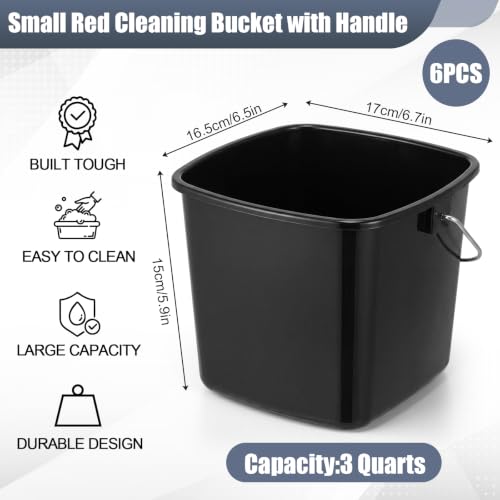 Zhehao 6 Pcs 3 Quart Bucket for Cleaning Small Sanitizer Bucket for Restaurant Square Plastic Pail with Handles for Home, Offices, Commercial Use, Food Service(Black) - color: Black