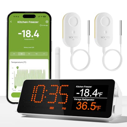 WiFi Remote Thermometer Freezer Alarm, 1/3 Mile Long Range, with IP67 Waterproof Probe, App Email Alert, with Digital Monitor Hub, 2 Smart Temperature Sensors for Refrigerator, Hot Tub, RV - style: 1 Long Range LCD Hub + 2 Non-Waterproof Sensors