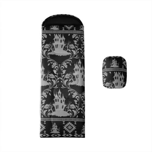 Erosebridal Longhorn Cow Skull Sleeping Bag for Kids Goth Witchy Damask Camping Blanket for Hiking Travel Hunting Sleep Bag - color: Black Halloween Castle