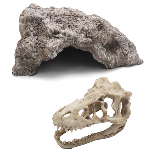 Anxingo Reptile Rock Reptile Cave Hideout for Snakes/Geckos/Lizards/Turtles and Other Amphibians, with Dinosaur Skull (Large) - size: L