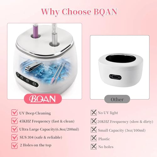BQAN Rechargeable Nail Tool Cleaner, 3 Timers Mode Jewelry Cleaner, Portable 200ML Cleaning Machine for Nail Art Brushes, Drill Bits, Rings, Jewelry Home and Salon Use(White) - color: White