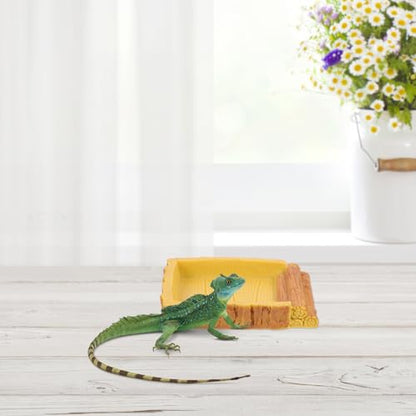 Tortoise Water Bowl Reptile Feeding Dish Food Storage Container Yellow Wood Grain Plastic Basin for Turtle Habitat and Reptile Terrarium Accessories