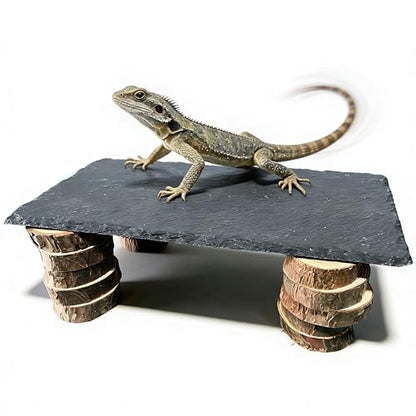 Bearded Dragon Basking Rock Platform with Wooden Pile,Natural Slate Stone Rocks Basking Platform,Habitat Hideouts Hide Cave Reptile Tank Accessories for Bearded Dragons,Geckos,Ball Pythons, Tortoise