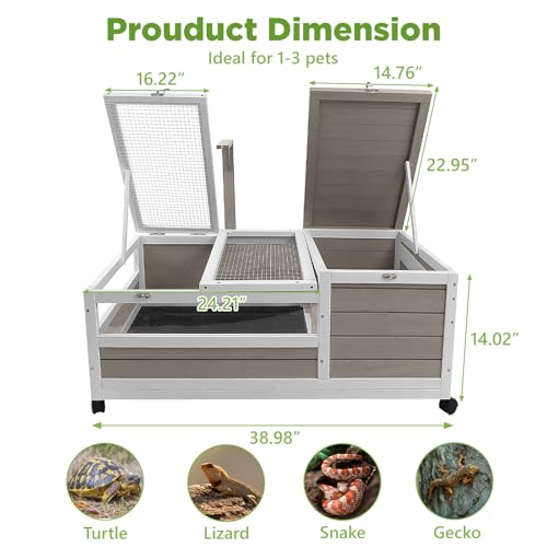 Tortoise Habitat with Lamp Holder in Indoor & Outdoor, Wooden Extensible Turtle Enclosure Table with 4 360° Lockable Wheels, Leakproof Tray, Openable Roof for Tortle, Lizard, Chameleon