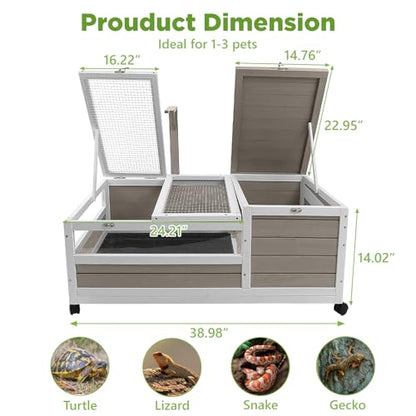 Tortoise Habitat with Lamp Holder in Indoor & Outdoor, Wooden Extensible Turtle Enclosure Table with 4 360° Lockable Wheels, Leakproof Tray, Openable Roof for Tortle, Lizard, Chameleon