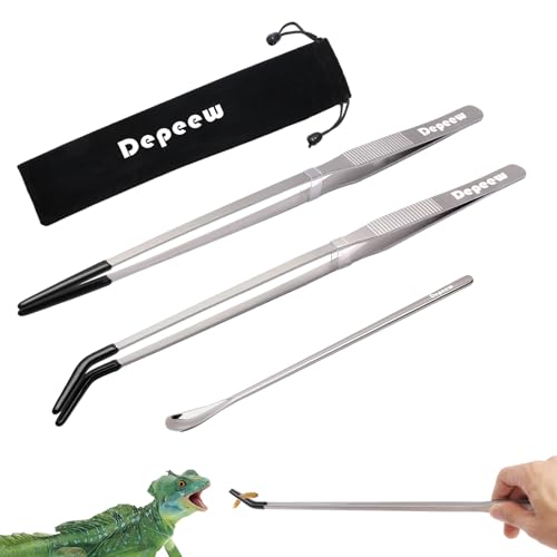 Reptile Feeding Tongs, Stainless Steel Long Tweezers Set, 4 Pack | 10.6" Straight & Curved Tweezers with Soft Rubber Tip, for Aquarium Terrarium, Crafts, Bearde Dragon Tank Accessories, Silver