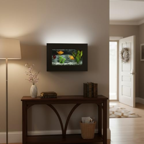 3.0 Wall Mounted Fish Tank Kit with LED Lighting, Built-in Filter System, Modern Space-Saving Design, Complete Accessories Set (View, Black)