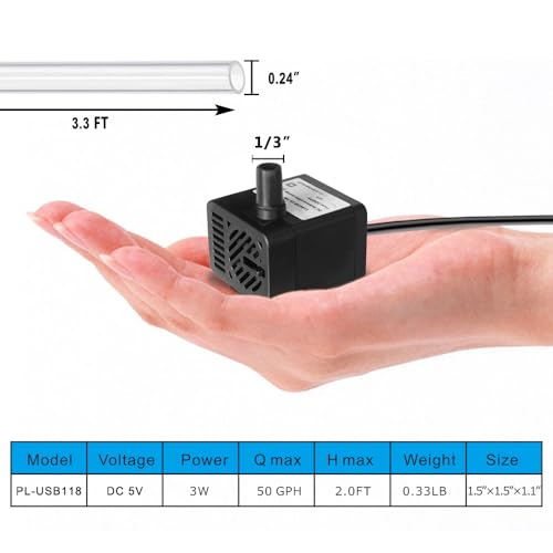 DC 5V USB Mini Submersible Water Pump with Tubing for Pet Fountain, Aquarium Fish Tank, Pond, Fountain, Hydroponics