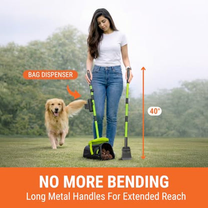 Dry & Wet Dog Pooper Scooper with 40" Long Handle for Large Dogs | Dog Poop Shovel and Rake , Large Capacity Swivel Bin, Bag Attachment, 75 Bags, Poop Scoop for Yard, Patent Pending