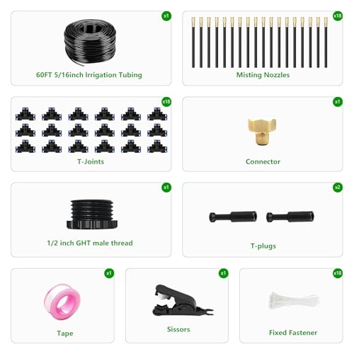 60FT Drip Irrigation System for Garden – Automatic Watering Kit with Solid Brass Metal Connectors, 360° Bendable Tubing &16 Adjustable Nozzles for Greenhouse, Lawn, Yard & Plants - size: 60 FT