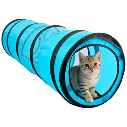 PAWISE Cat Tunnel for Indoor Cats, Collapsible Pet Tube with Peek Hole | Peek hole, tear-proof polyester, 10.5x34.5in, for cats rabbits, blue - size: 34.5in
