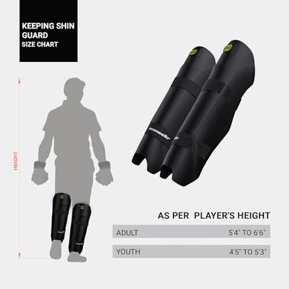 moonwalkr Cricket Wicket Keeping Shin Guards Cricket Guard for Keeper's Height (4'5" - 6'6") Wicket Keeping Pads Super Slim Gear Comes with a 3-inch Strap - color: Black